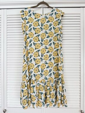 White Linen Blend Yellow Floral Drop-Waist Sundress- women L